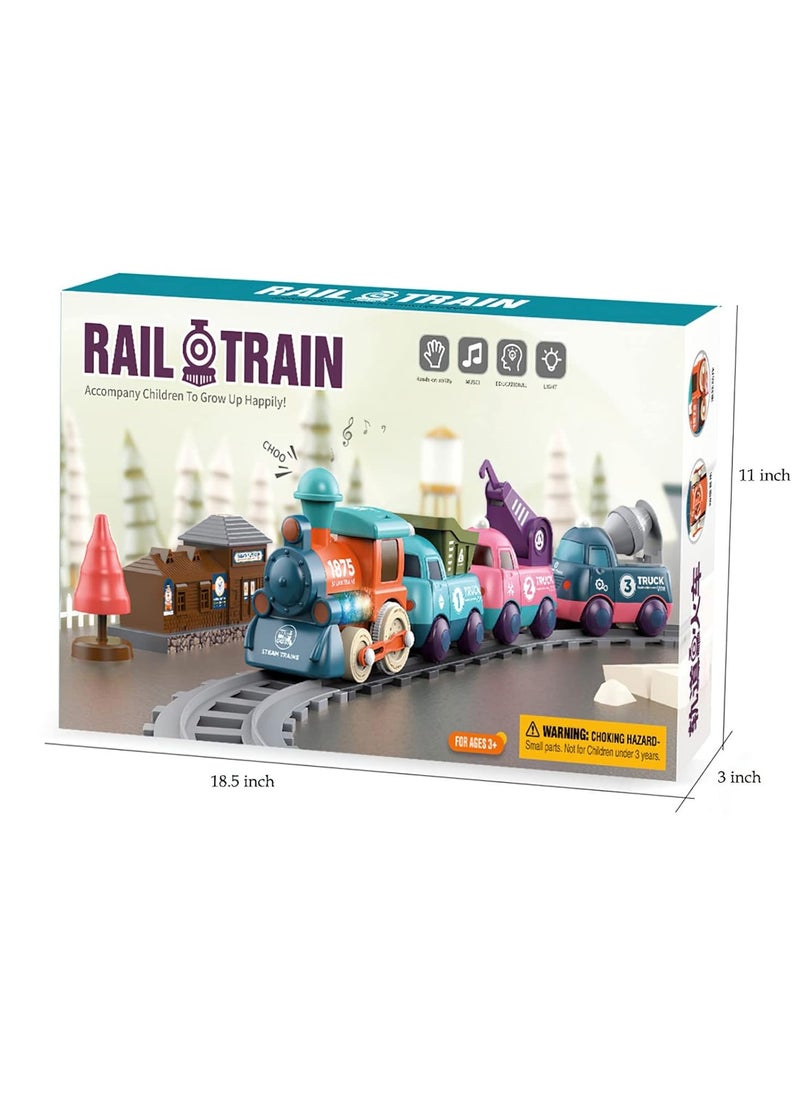 Children's Train Track Set - Makaron-Colored Train Toy Set with Locomotive, Engineering Cars, and Accessories 3 + Track Toy Set