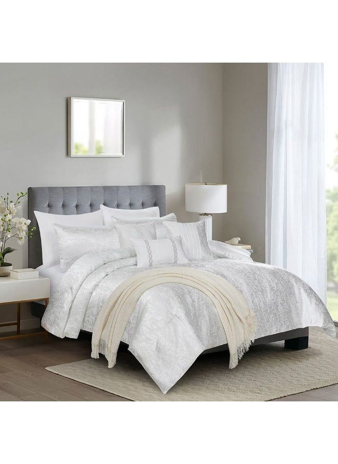 Allure Erin 10 - Pieces King Comforter Set Luxurious Bedding Set with Soft, Cozy Comforter, Pillow cover, Fitted Sheet, Throw, Decorative Pillows And More 240X260 Cm White