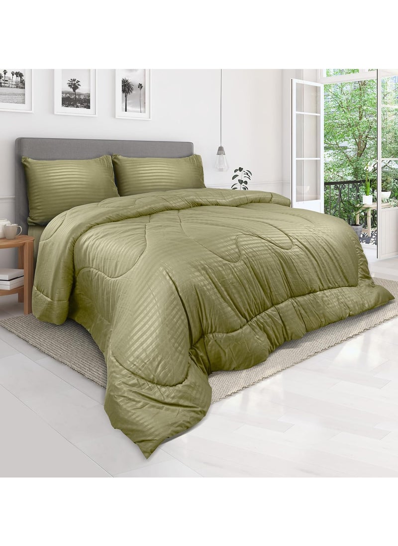 Down Alternative Comforter Set -Ultra Soft Brushed Stripe Microfiber Fabric, 200GSM Soft Fibersheet Filling, Size : Double 220 x 240cm, Color: Olive