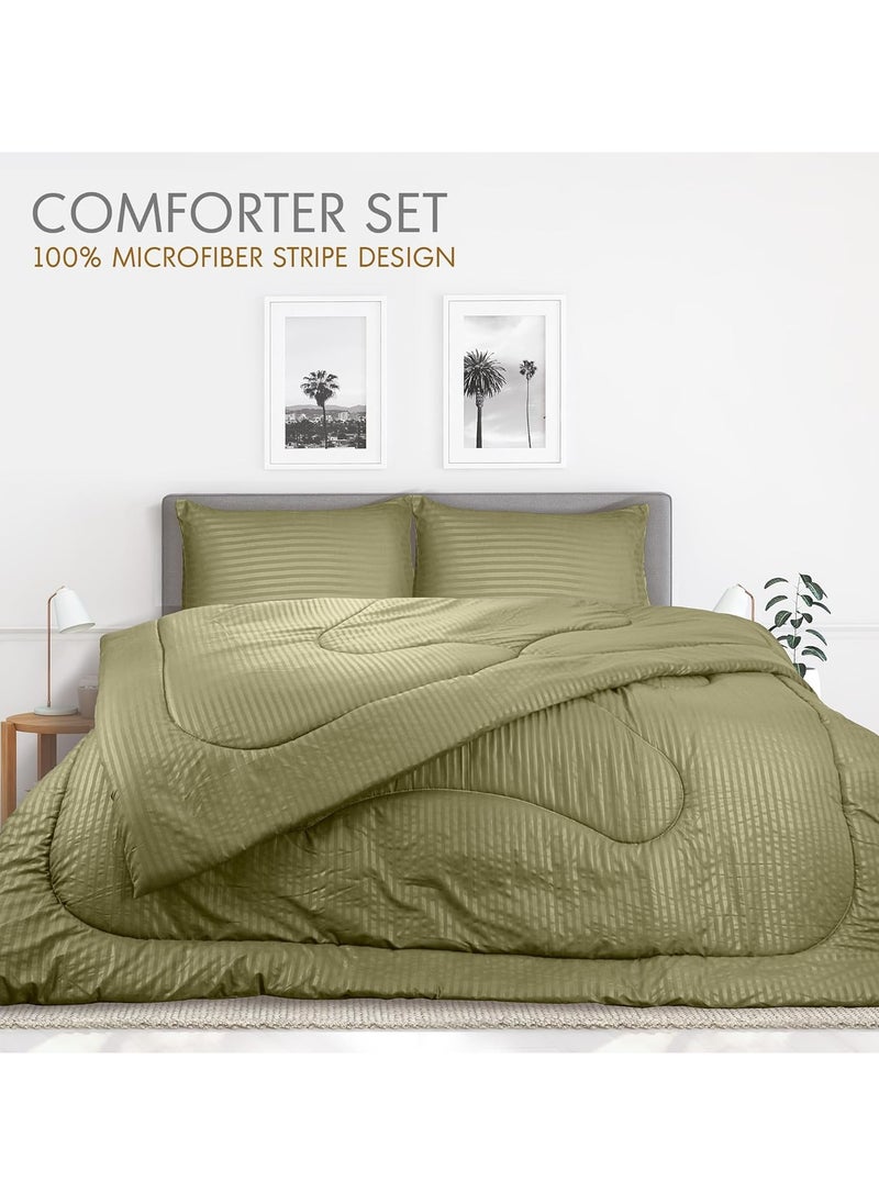 Down Alternative Comforter Set -Ultra Soft Brushed Stripe Microfiber Fabric, 200GSM Soft Fibersheet Filling, Size : Double 220 x 240cm, Color: Olive