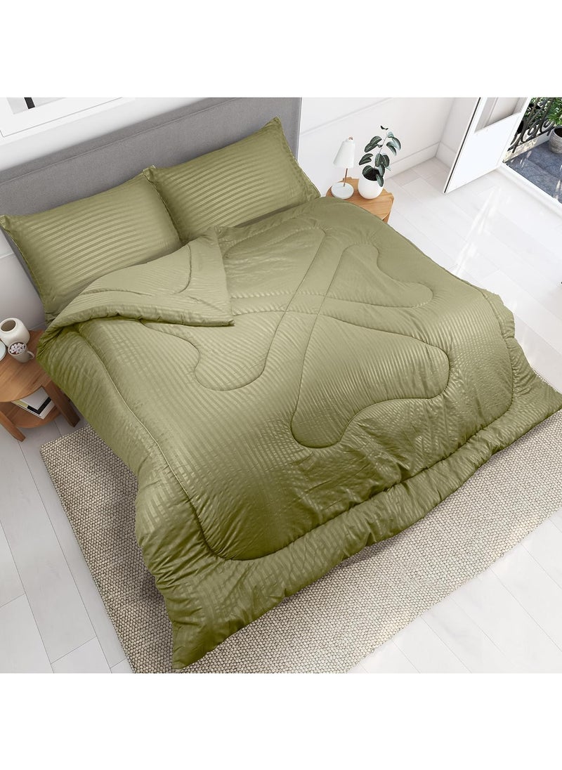 Down Alternative Comforter Set -Ultra Soft Brushed Stripe Microfiber Fabric, 200GSM Soft Fibersheet Filling, Size : Double 220 x 240cm, Color: Olive