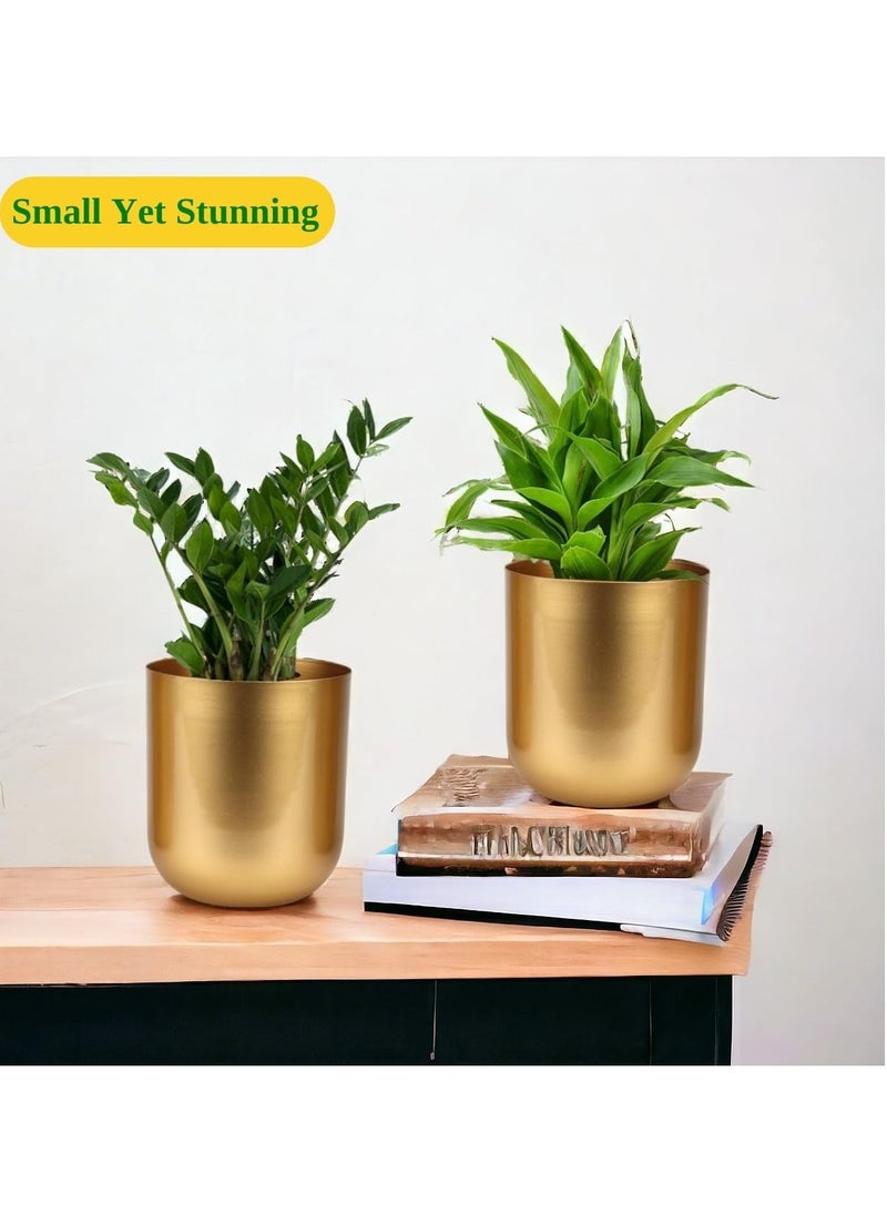 4.3 inches Round Metal Planter for Home Decor, Pack of 2 (Gold)