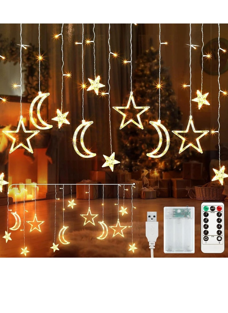 Ramadan Lights, Outdoor Lights Indoor Star Moon Curtain Ramadan Lights Hanging Ramadan Decorations with Remote Control & Battery Case