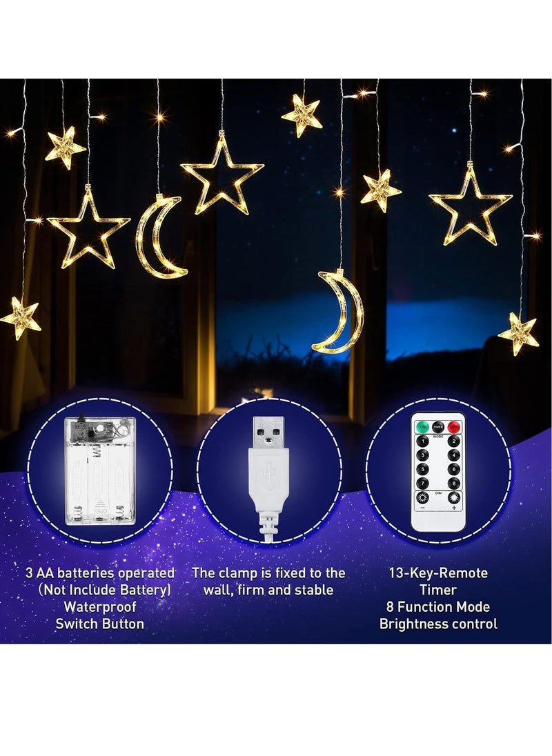 Ramadan Lights, Outdoor Lights Indoor Star Moon Curtain Ramadan Lights Hanging Ramadan Decorations with Remote Control & Battery Case