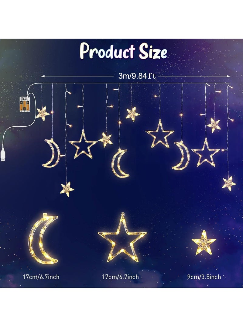 Ramadan Lights, Outdoor Lights Indoor Star Moon Curtain Ramadan Lights Hanging Ramadan Decorations with Remote Control & Battery Case