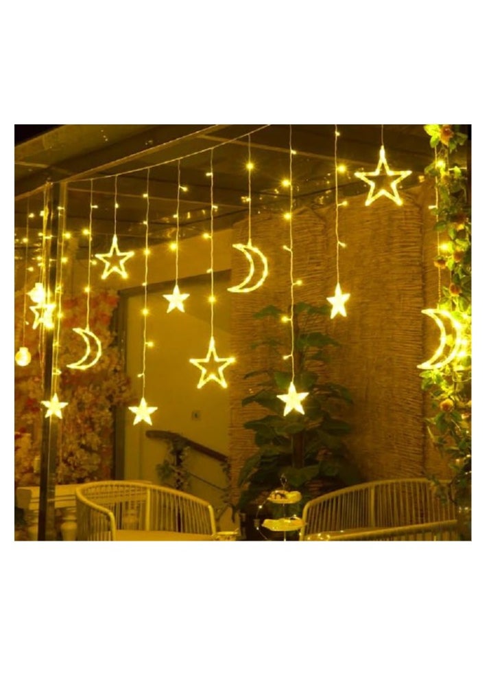 Ramadan Lights, Outdoor Lights Indoor Star Moon Curtain Ramadan Lights Hanging Ramadan Decorations with Remote Control & Battery Case