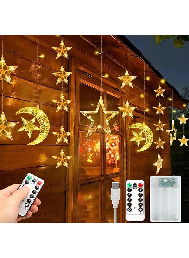 Ramadan Decorations Lights, Star Moon Lights with Remote Control & Battery Case for Home Ramadan Lights for Holiday Ramadan Decorations Wedding Party, Warm White