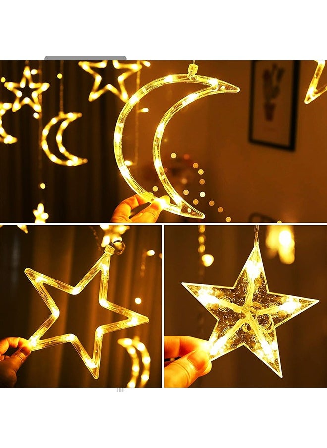 Ramadan Decorations Lights, Star Moon Decorative Lights, Ramadan Lights for Home Window Wall Holiday Eid Wedding Party, Warm White (style1)