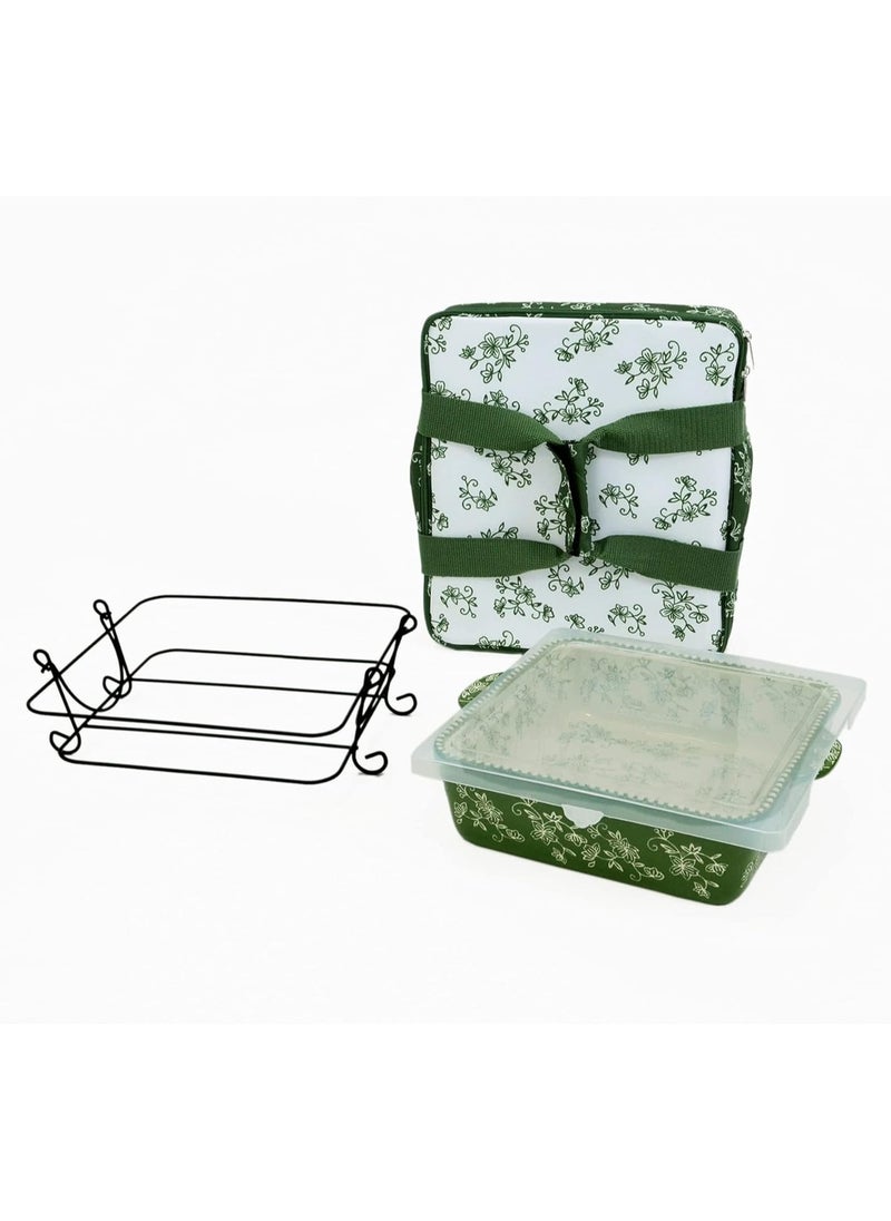 temp-tations® Floral Lace Bakeware Set,Take Baker Square Bakers with Tote Bag-Green