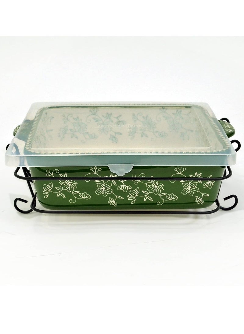 temp-tations® Floral Lace Bakeware Set,Take Baker Square Bakers with Tote Bag-Green