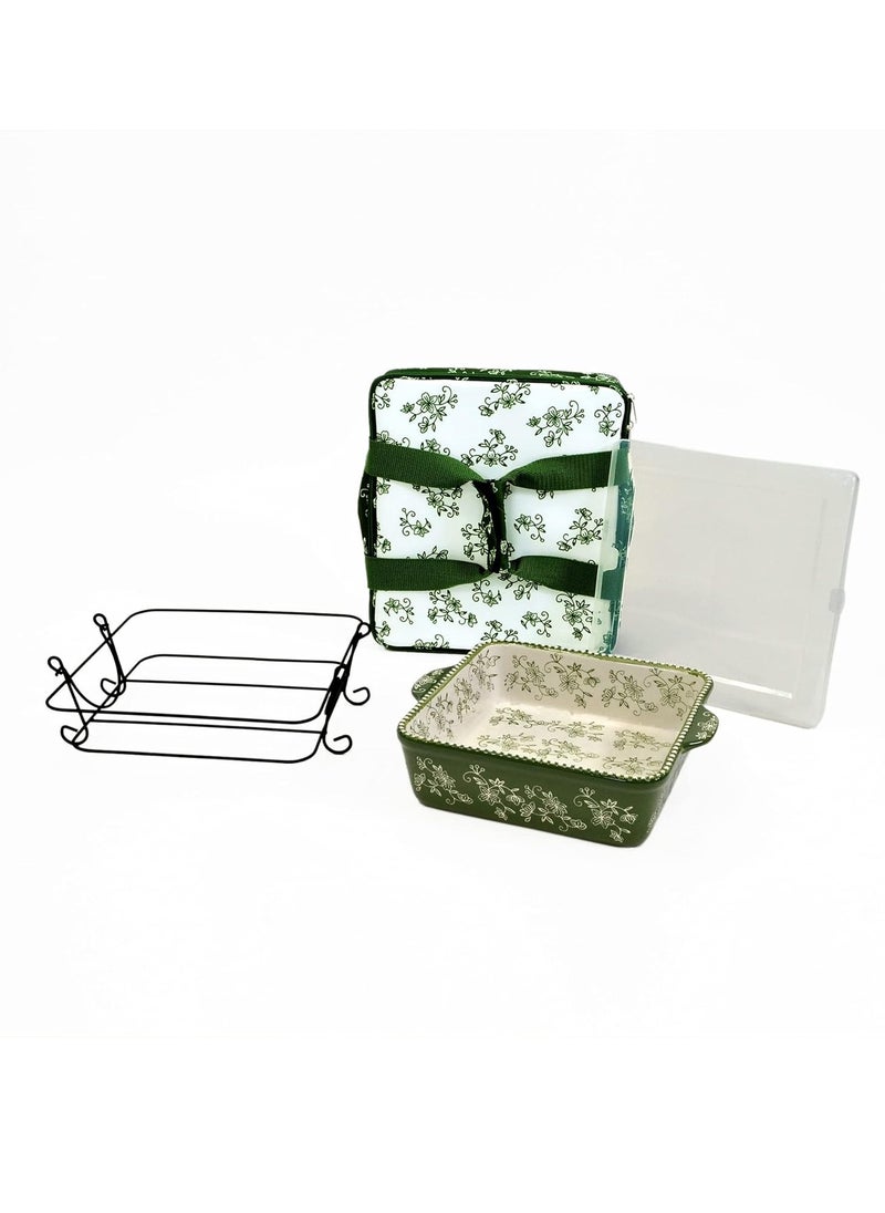 temp-tations® Floral Lace Bakeware Set,Take Baker Square Bakers with Tote Bag-Green