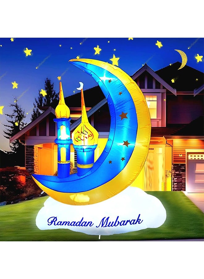 Ramadan Inflatable Blue Crescent Moon with Minaret - Islamic Ramadan Decor for Outdoor Front/Back Lawns, Built-in LED Lights and Fan to Blow Up with Air