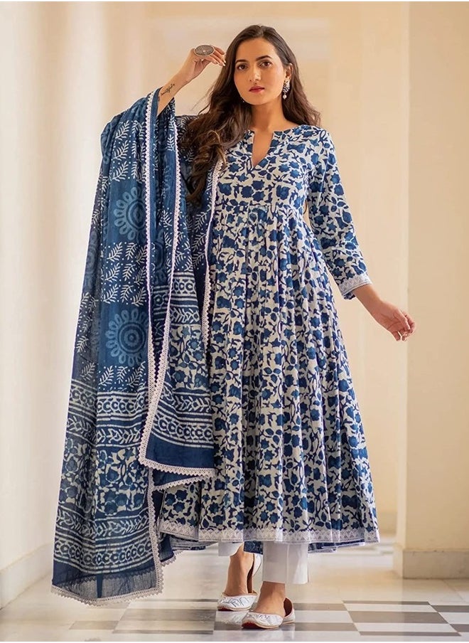 Women's Cotton Printed Anarkali Kurta With Palazzo & Dupatta Set Medium Blue