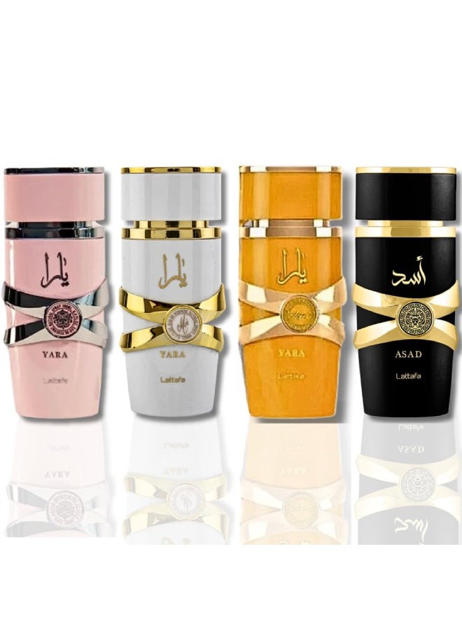 for Unisex 4 Piece Eau de Parfum Gift Set (Yara for Women + Yara Moi for Women + Yara Tous for Women + Asad for Men) 3.4 Ounce/100 ml each