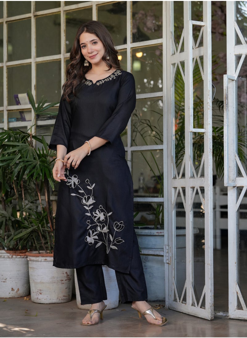 Women's Viscose Rayon Black embroidery straight kurta with pant and dupatta sets