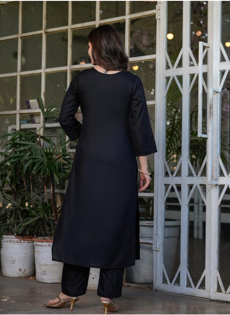 Women's Viscose Rayon Black embroidery straight kurta with pant and dupatta sets