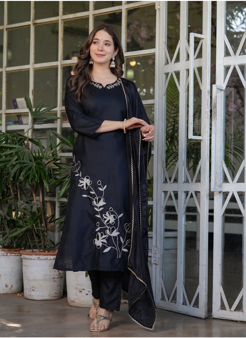 Women's Viscose Rayon Black embroidery straight kurta with pant and dupatta sets