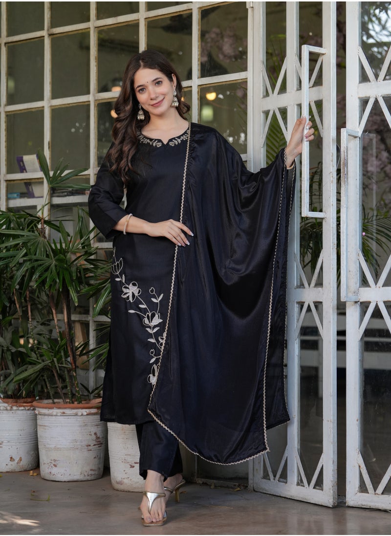 Women's Viscose Rayon Black embroidery straight kurta with pant and dupatta sets