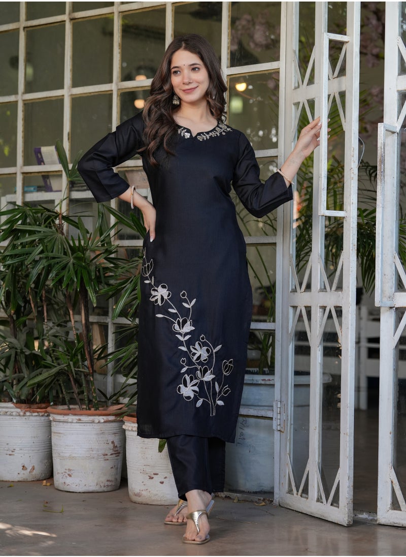 Women's Viscose Rayon Black embroidery straight kurta with pant and dupatta sets
