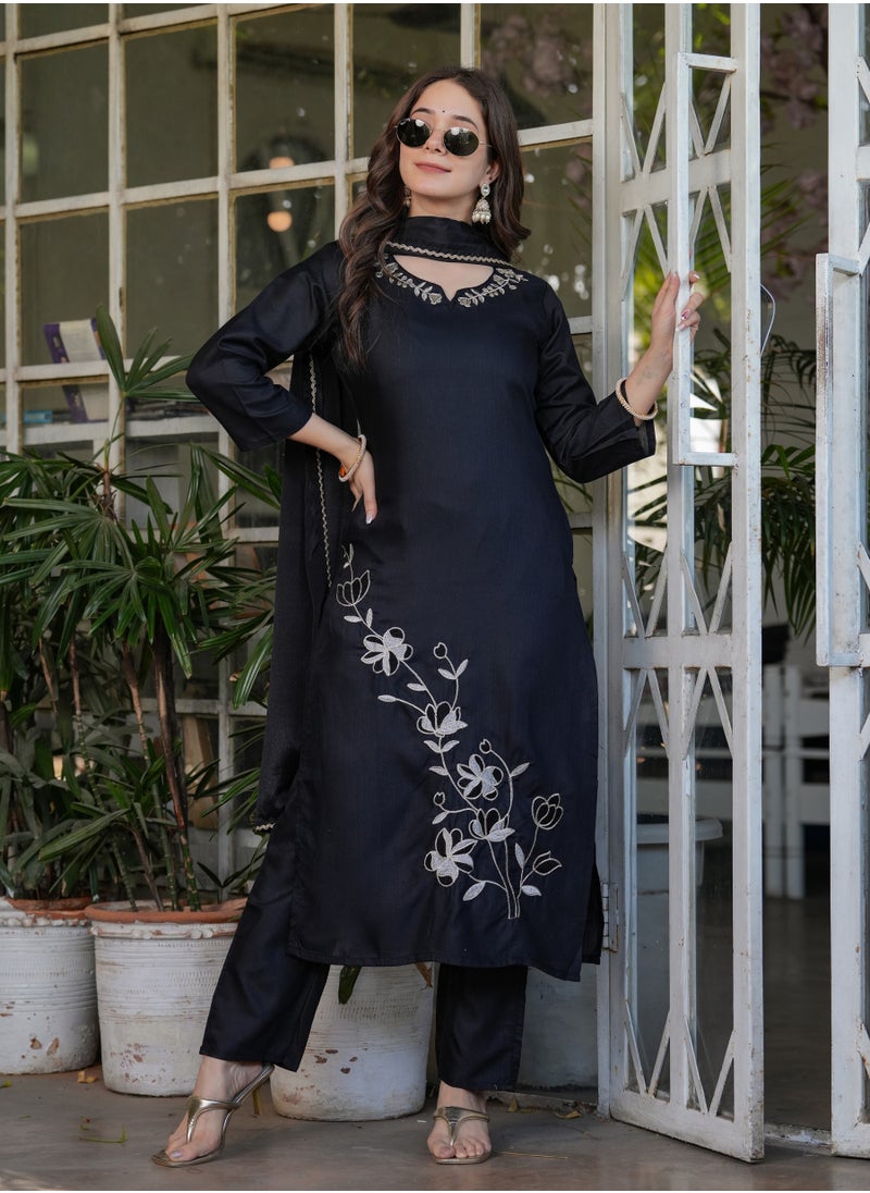 Women's Viscose Rayon Black embroidery straight kurta with pant and dupatta sets