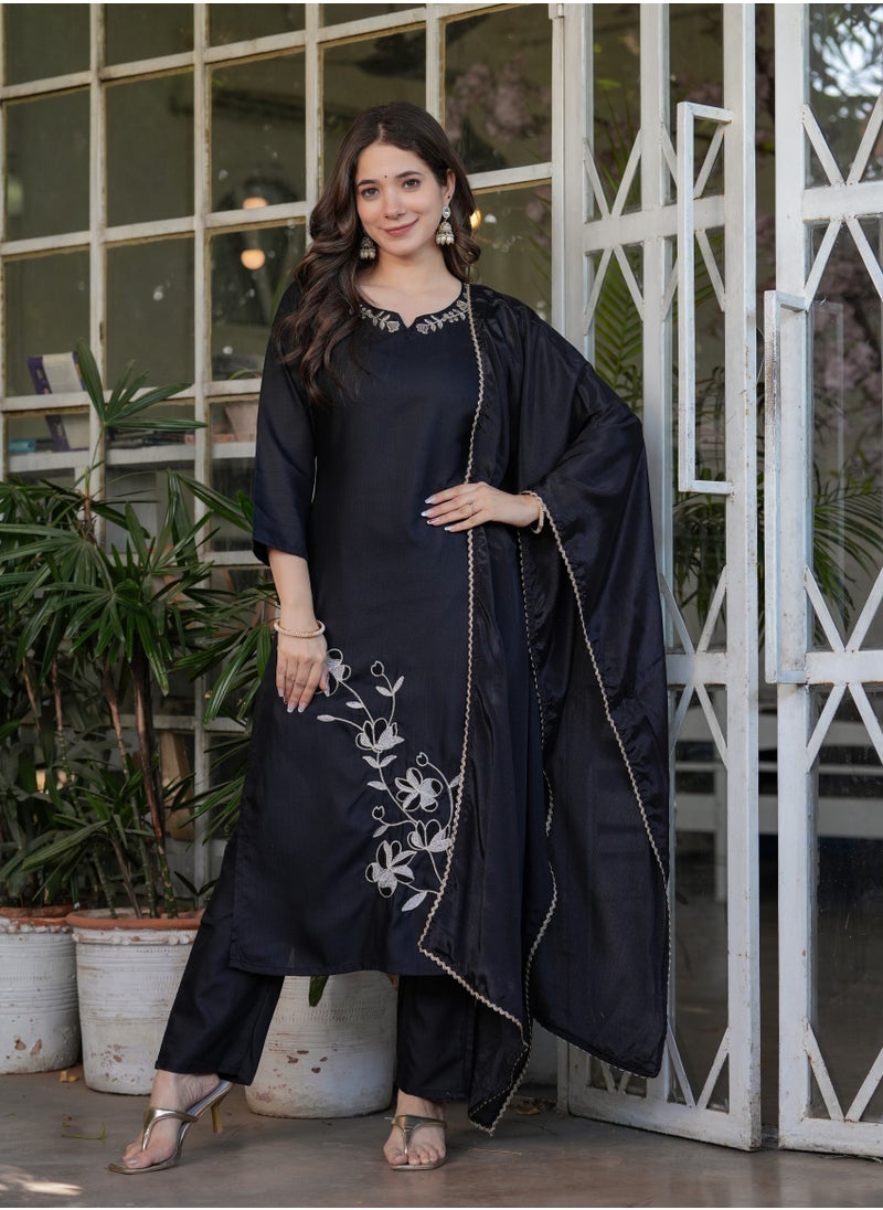 Women's Viscose Rayon Black embroidery straight kurta with pant and dupatta sets