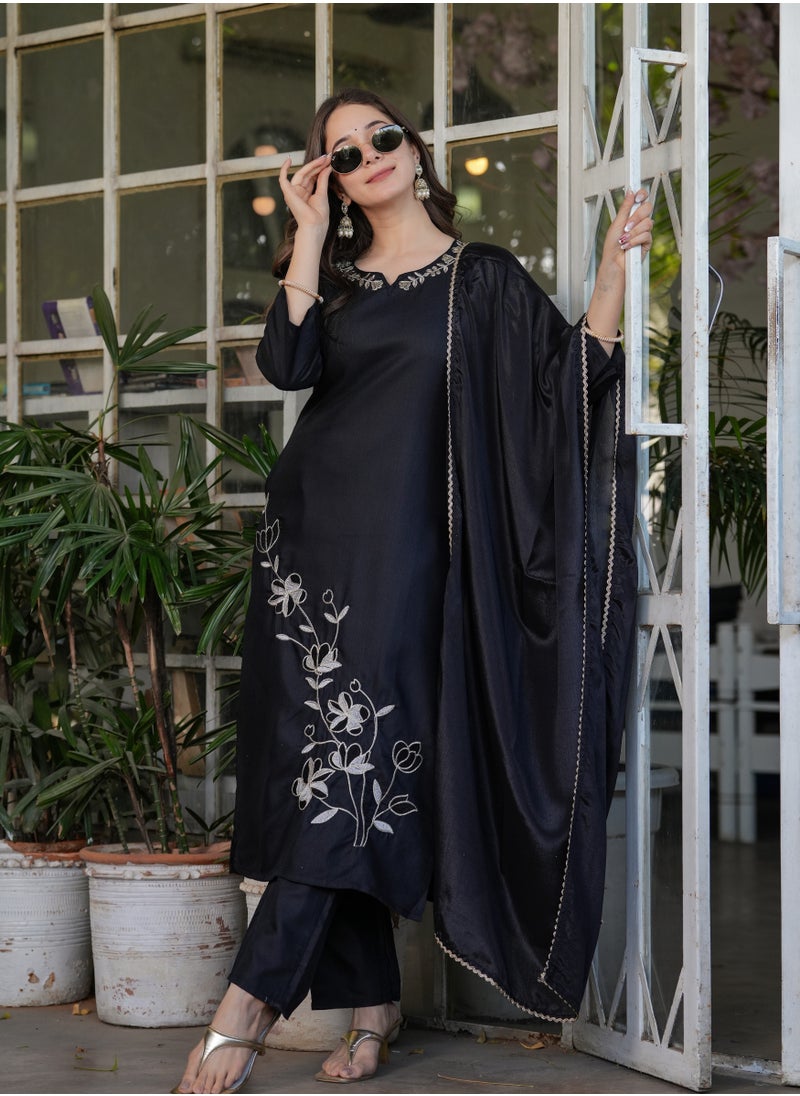 Women's Viscose Rayon Black embroidery straight kurta with pant and dupatta sets