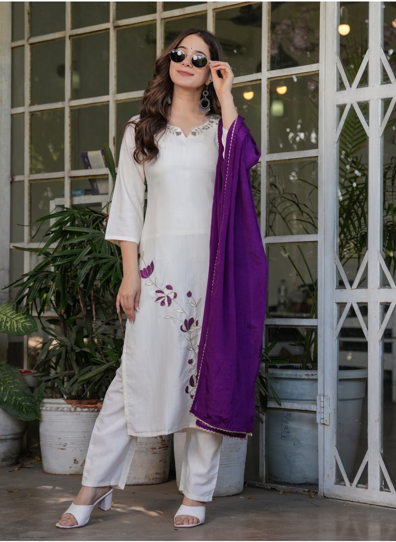 Women's Viscose Rayon embroidery straight kurta with pant and dupatta sets