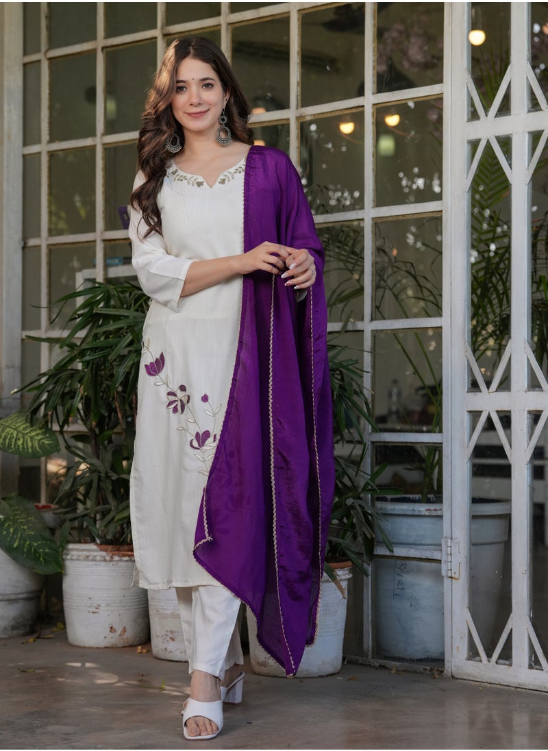 Women's Viscose Rayon embroidery straight kurta with pant and dupatta sets