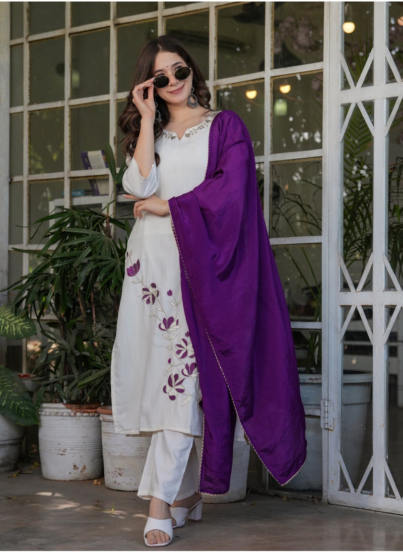 Women's Viscose Rayon embroidery straight kurta with pant and dupatta sets