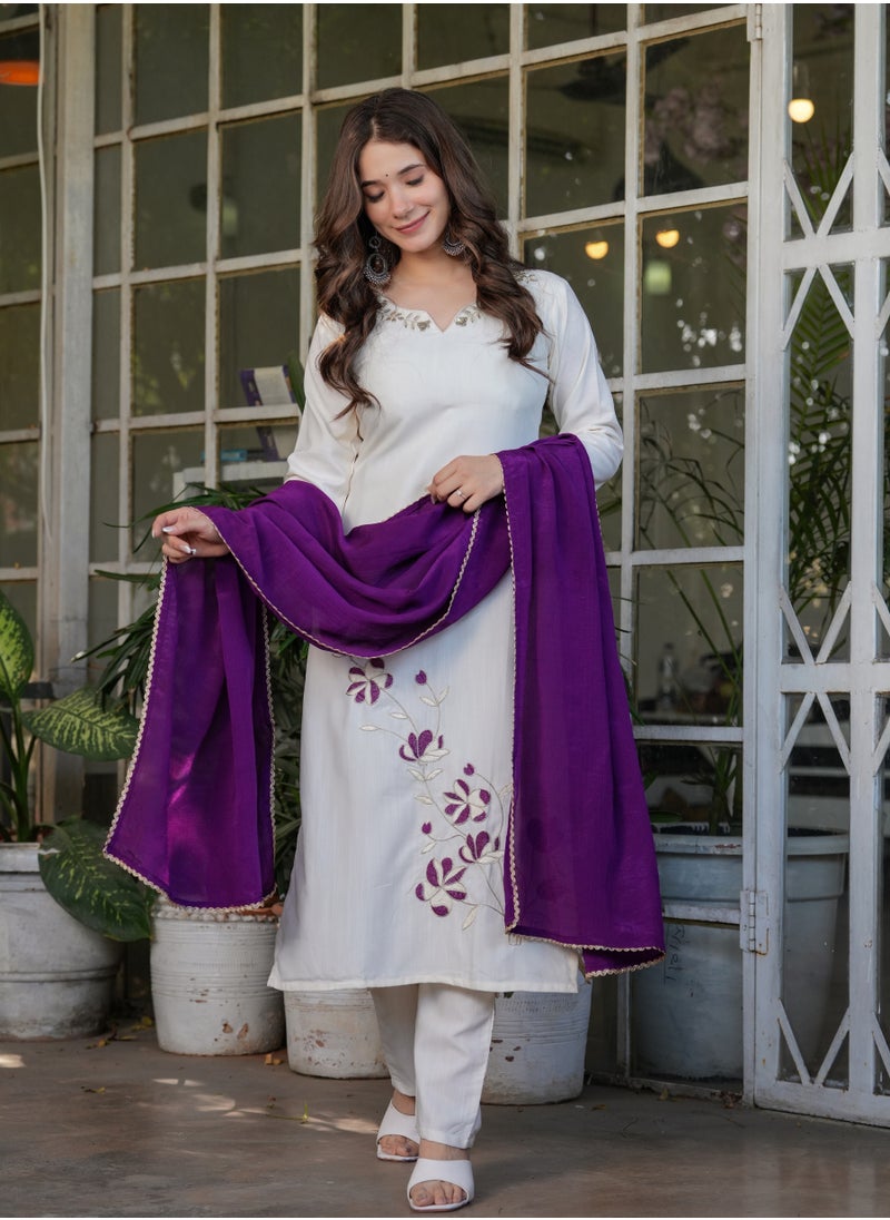 Women's Viscose Rayon embroidery straight kurta with pant and dupatta sets