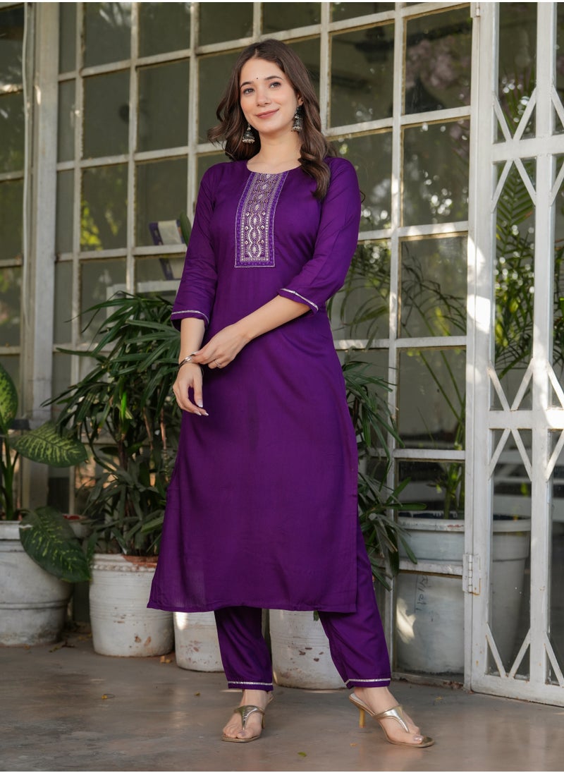 Women's Viscose Rayon Purple Embroidery Straight Kurta with Pant and Dupatta Set.