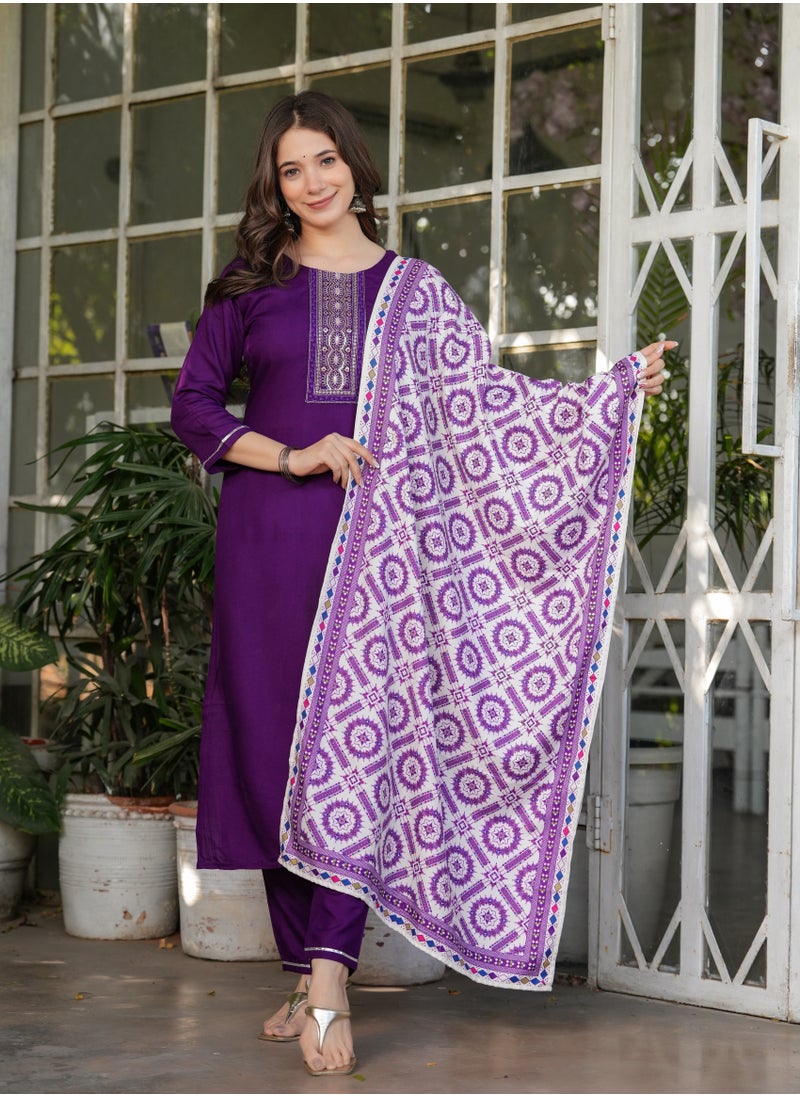 Women's Viscose Rayon Purple Embroidery Straight Kurta with Pant and Dupatta Set.