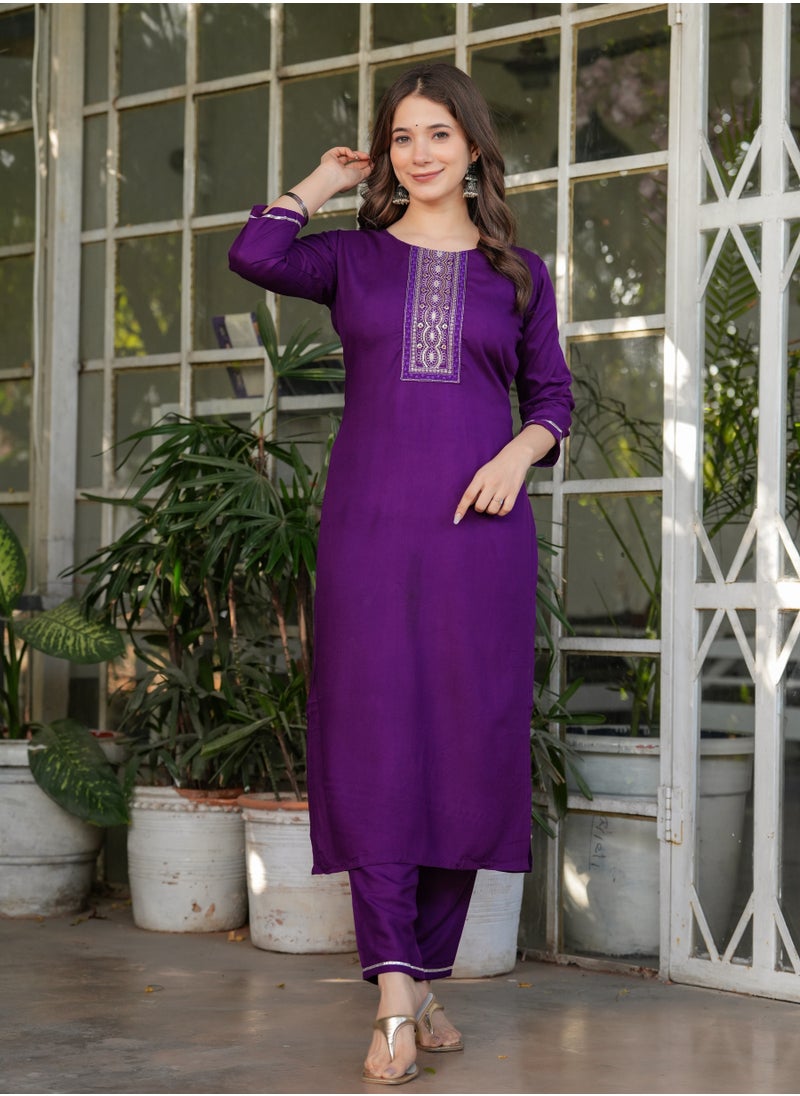 Women's Viscose Rayon Purple Embroidery Straight Kurta with Pant and Dupatta Set.