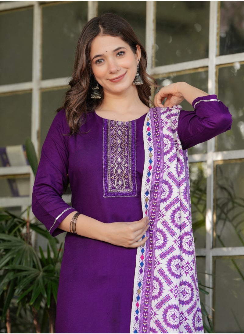 Women's Viscose Rayon Purple Embroidery Straight Kurta with Pant and Dupatta Set.