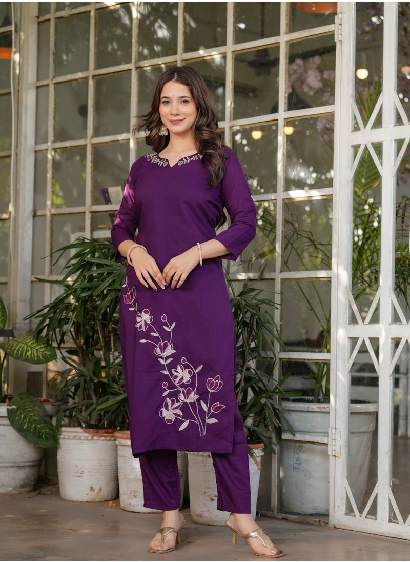 Women's Viscose Rayon Purple embroidery straight kurta with pant and dupatta sets