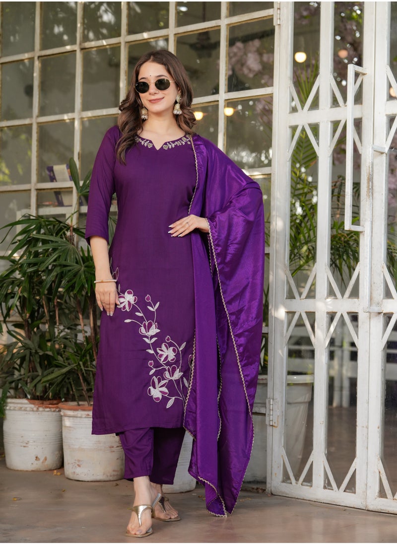 Women's Viscose Rayon Purple embroidery straight kurta with pant and dupatta sets