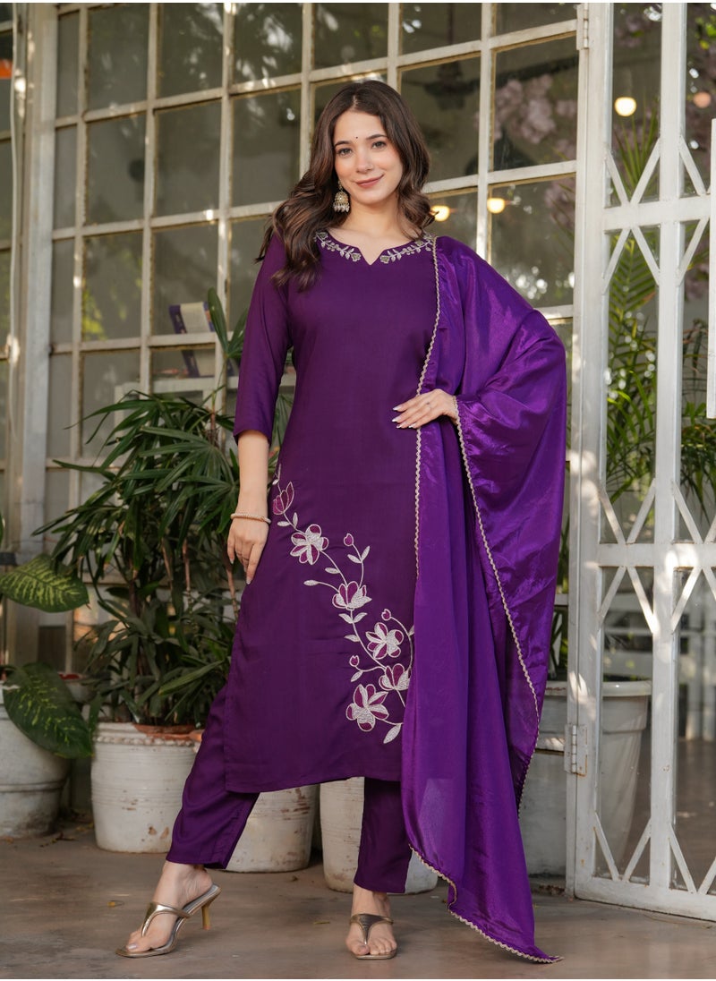 Women's Viscose Rayon Purple embroidery straight kurta with pant and dupatta sets