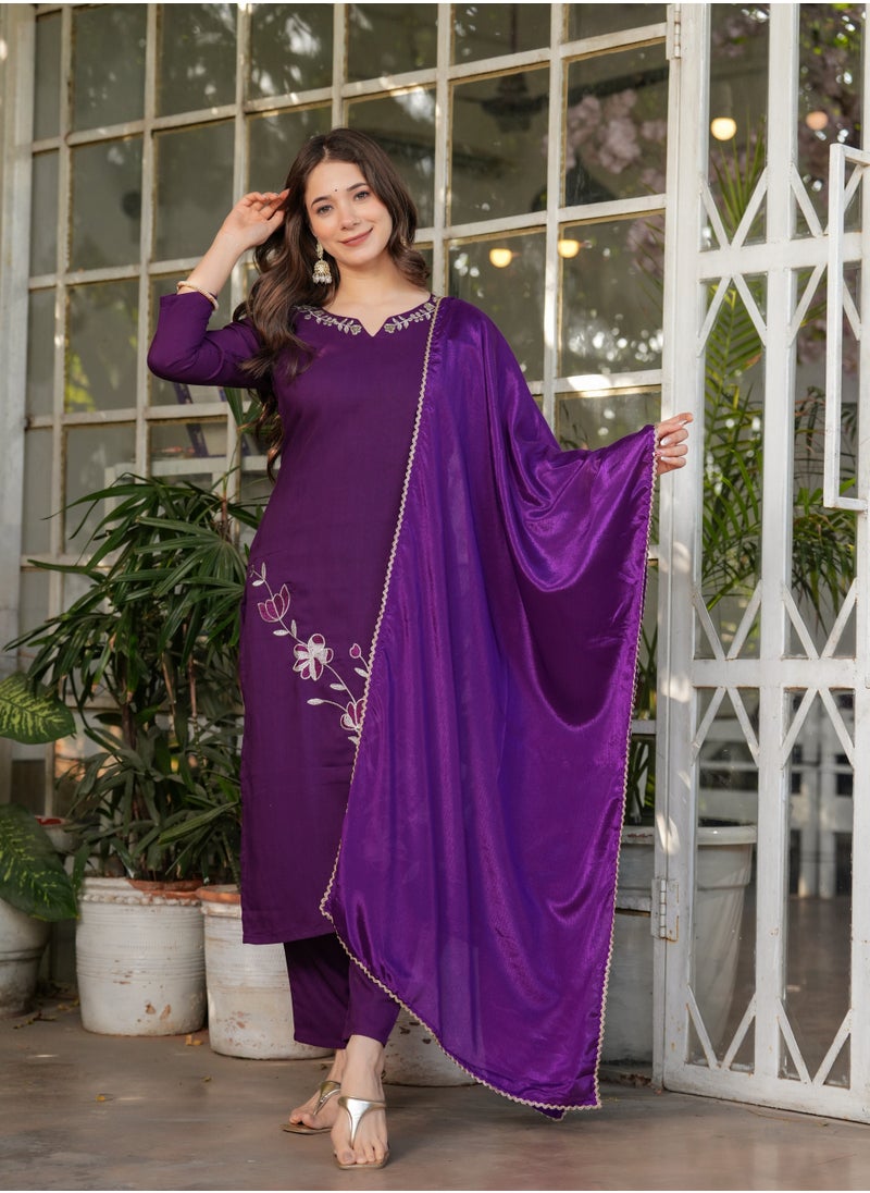 Women's Viscose Rayon Purple embroidery straight kurta with pant and dupatta sets