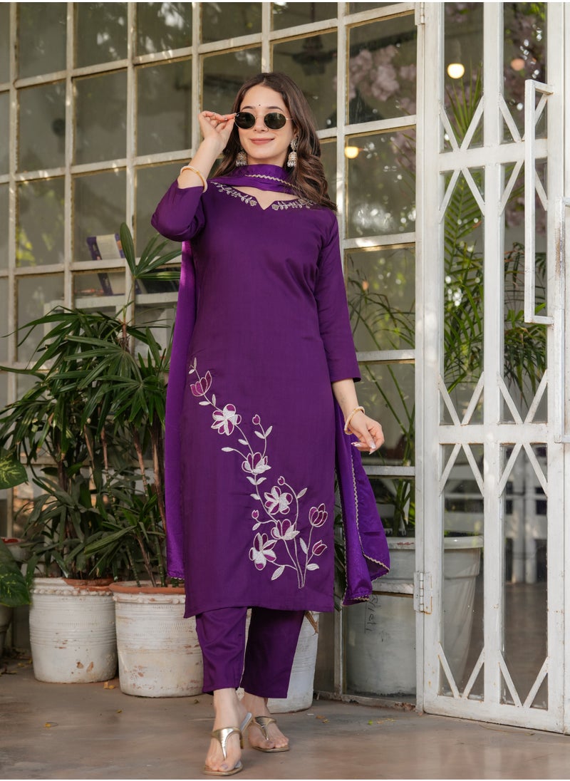 Women's Viscose Rayon Purple embroidery straight kurta with pant and dupatta sets