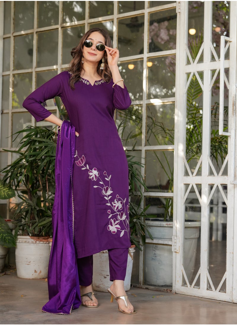 Women's Viscose Rayon Purple embroidery straight kurta with pant and dupatta sets