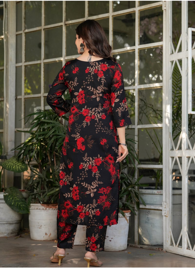 Women's Silk blend Black & Red printed straight kurta with pant and dupatta sets