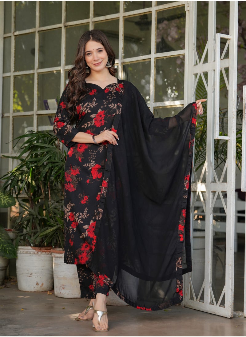 Women's Silk blend Black & Red printed straight kurta with pant and dupatta sets