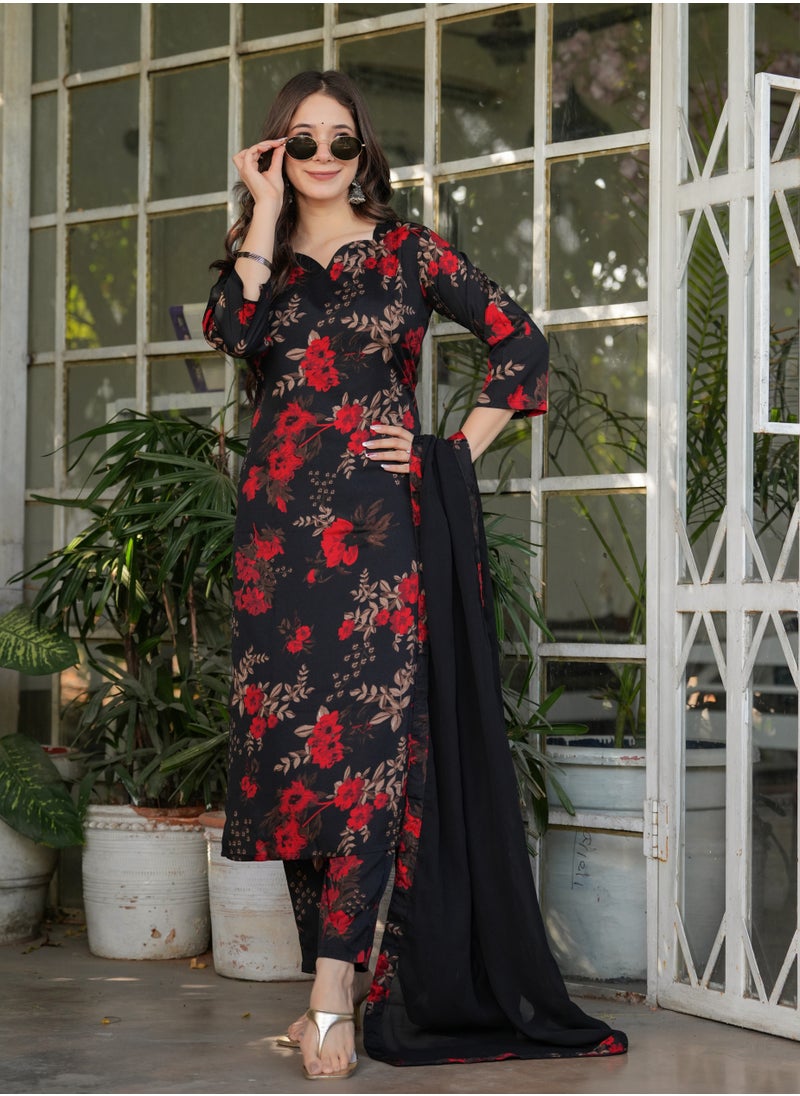 Women's Silk blend Black & Red printed straight kurta with pant and dupatta sets