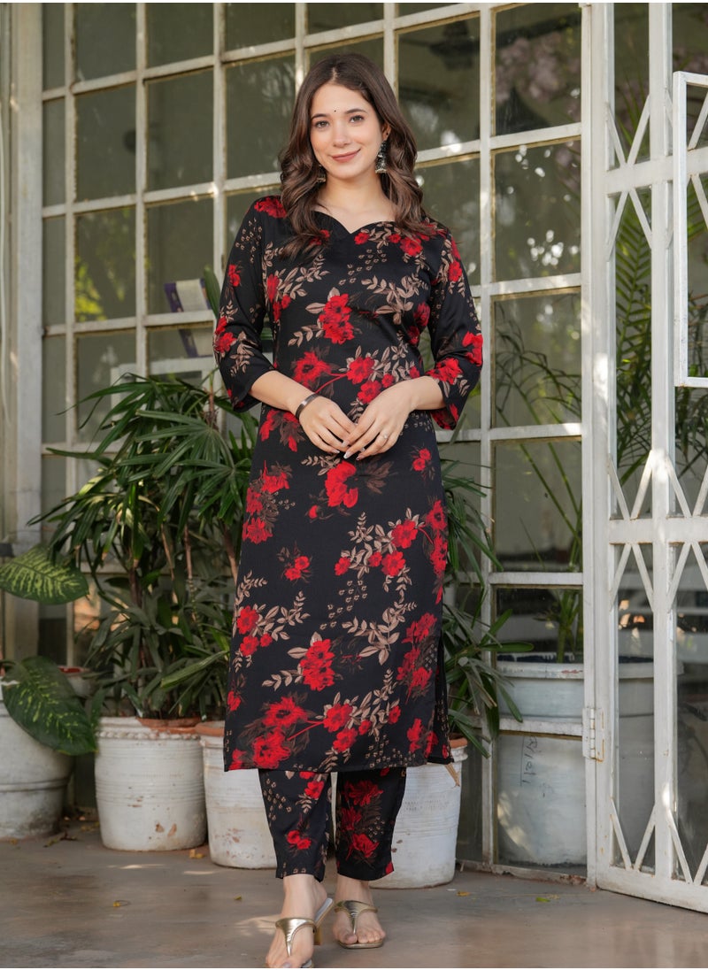 Women's Silk blend Black & Red printed straight kurta with pant and dupatta sets