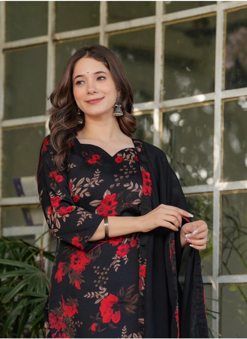 Women's Silk blend Black & Red printed straight kurta with pant and dupatta sets