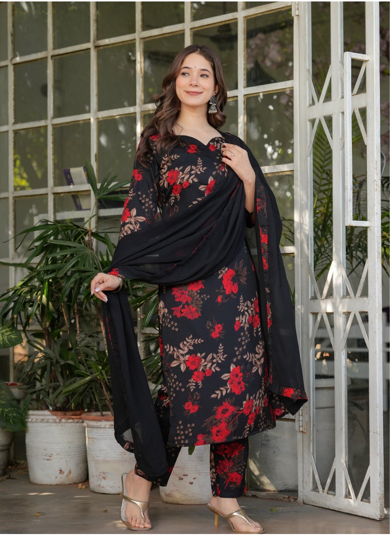 Women's Silk blend Black & Red printed straight kurta with pant and dupatta sets