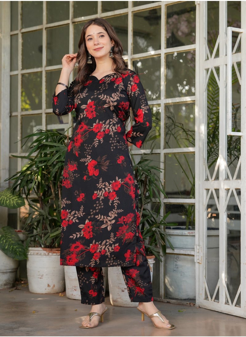 Women's Silk blend Black & Red printed straight kurta with pant and dupatta sets