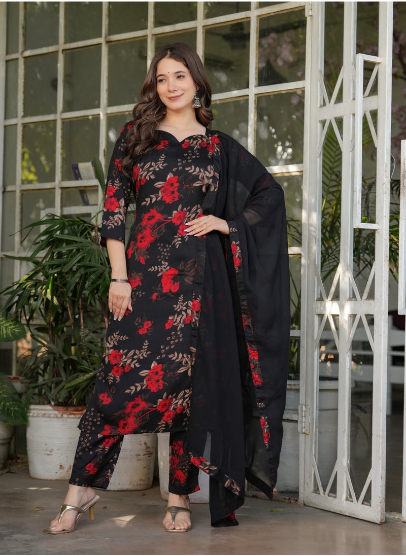 Women's Silk blend Black & Red printed straight kurta with pant and dupatta sets