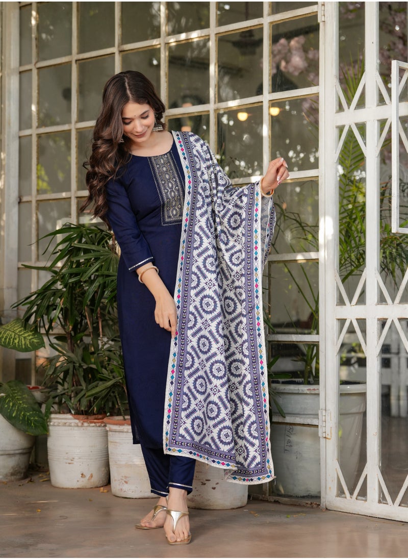 Women's Viscose Rayon Blue Embroidery Straight Kurta with Pant and Dupatta Set.