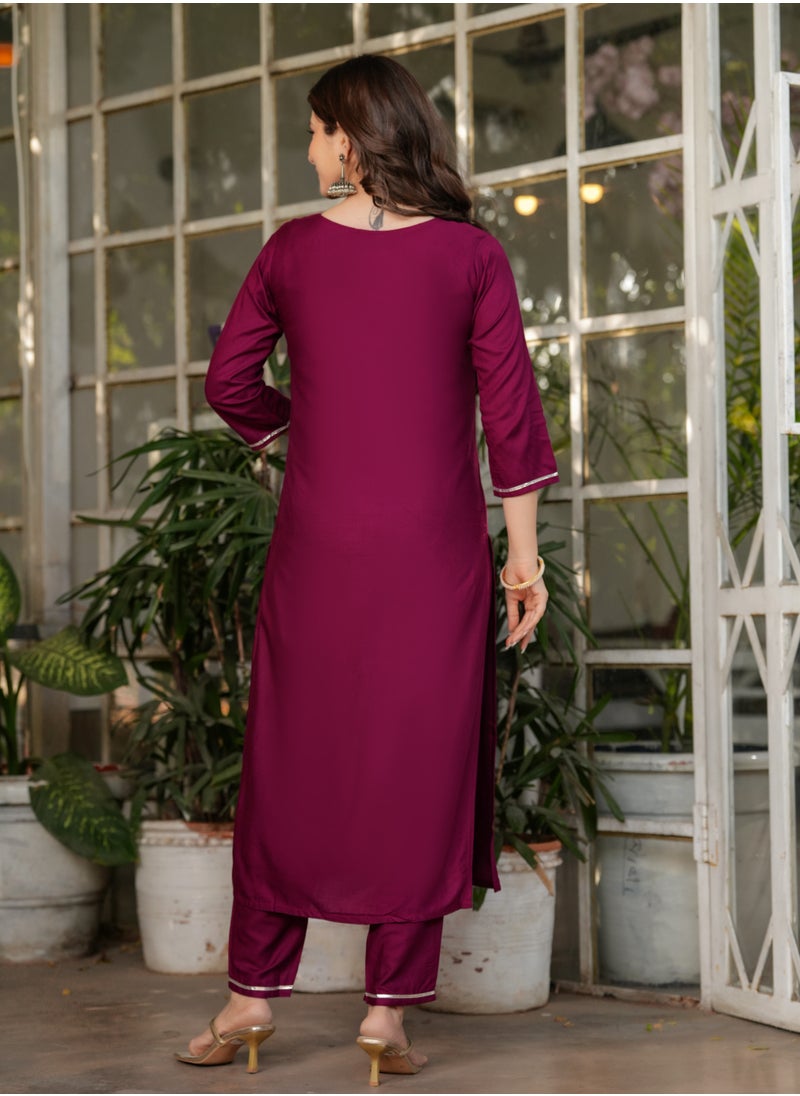 Women's Viscose Rayon Embroidery Straight Kurta with Pant and Dupatta Set.